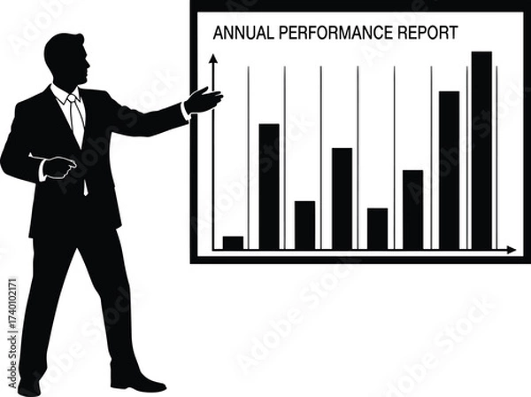 Fototapeta Silhouette of a businessman presenting an annual performance report, silhouette, businessman, man, male, person, suit, tie, presentation, report, chart, graph, bar chart, performance, annual, business