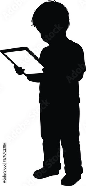 Fototapeta Silhouette of a child holding a tablet computer vector, child, silhouette, boy, kid, tablet, computer, holding, standing, reading, learning, technology, digital, screen, isolated, white background, yo