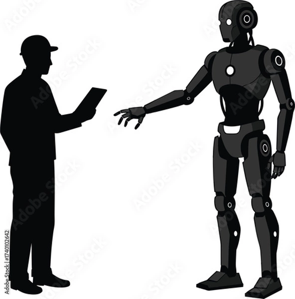 Fototapeta Silhouette of a man presenting a robot with a tablet, silhouette, man, male, person, robot, android, artificial intelligence, ai, technology, future, science, engineering, worker, employee, supervisor