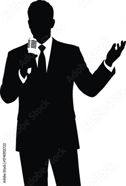 Fototapeta Silhouette of a man speaking into a microphone person, silhouette, man, person, male, speaker, presenter, host, microphone, mic, speech, talking, announcement, performance, event, show, entertainment,