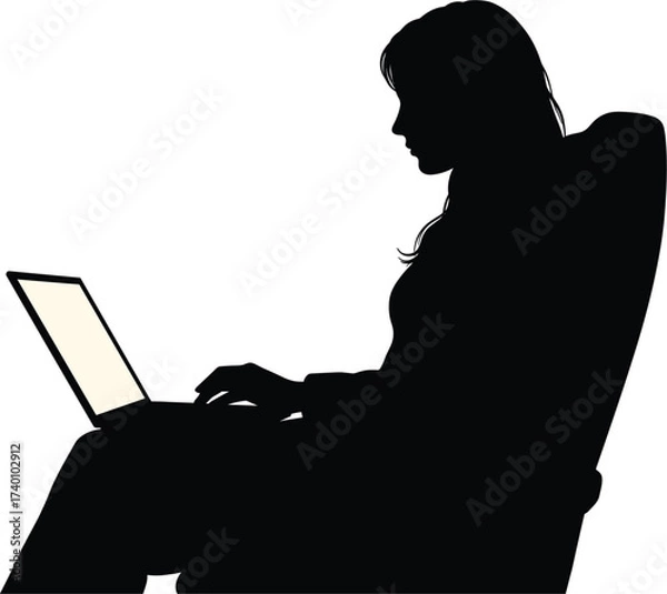 Fototapeta Silhouette of a woman working on a laptop computer, silhouette, woman, female, person, laptop, computer, typing, working, sitting, chair, desk, technology, internet, online, business, office, educatio