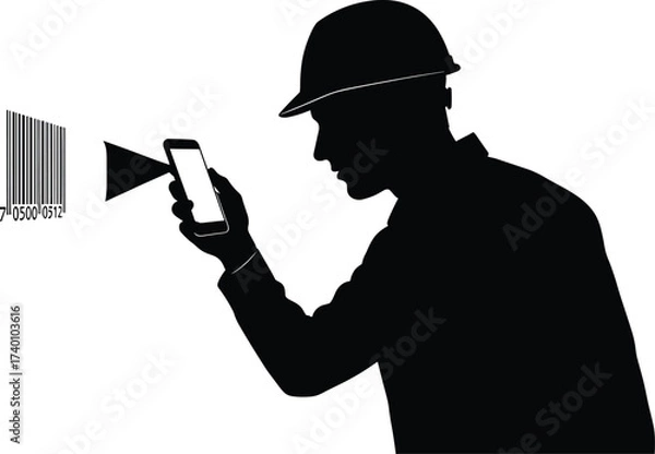 Fototapeta Man in silhouette scanning barcode with smartphone, man, silhouette, smartphone, barcode, scanning, technology, mobile, app, data, information, consumer, retail, inventory, logistics, tracking, digita