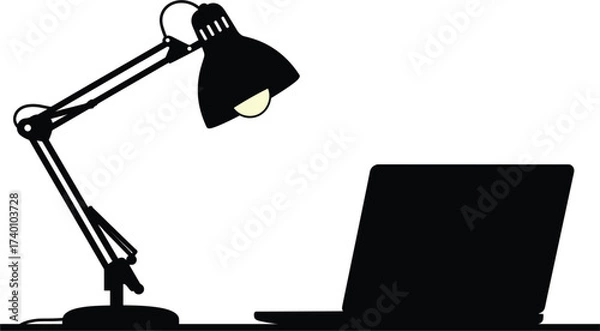 Fototapeta Silhouette of desk lamp and laptop on white background, silhouette, desk lamp, lamp, light, lighting, laptop, computer, technology, work, study, office, desk, table, equipment, object, illumination, p