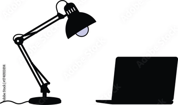 Fototapeta Silhouette of desk lamp and laptop with blue light, silhouette, desk lamp, lamp, light, lighting, laptop, computer, technology, work, study, office, desk, table, equipment, object, illumination, power