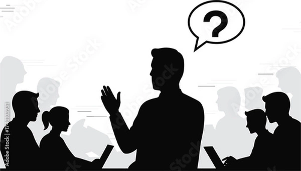 Fototapeta Silhouette of man asking question in meeting with speech bubble, silhouette, man, asking, question, meeting, discussion, group, people, audience, speech bubble, thought bubble, confusion, idea, brains