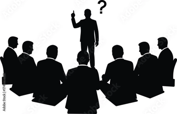 Fototapeta Silhouette of man speaking to group with question mark, silhouette, man, speaking, group, audience, meeting, presentation, question, mark, discussion, seminar, lecture, business, people, teamwork, com