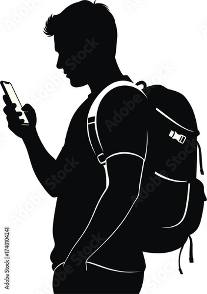 Fototapeta Silhouette of man with backpack using smartphone man, silhouette, backpack, smartphone, illustration, design, smartphone, casual, digital, walking, background, user, online, journey, browsing, texting