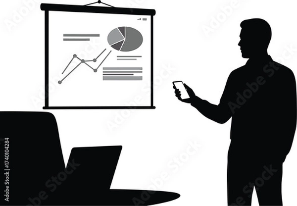 Fototapeta Silhouette of man with phone near presentation screen, business, presentation, meeting, conference, man, male, silhouette, black and white, isolated, white background, standing, holding phone, smartph