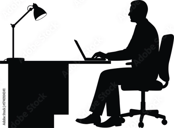 Fototapeta Silhouette of man working at desk with laptop and lamp, man, silhouette, working, desk, laptop, computer, lamp, office, businessman, sitting, chair, typing, business, technology, professional, executi