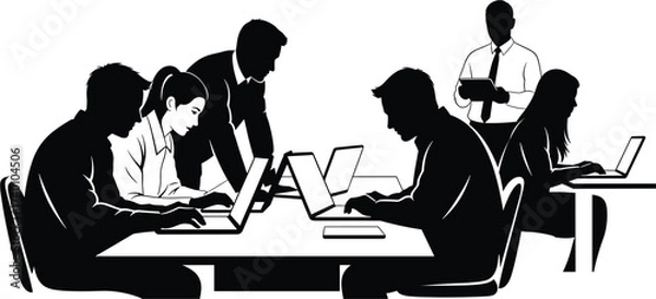 Fototapeta Silhouette of people working together in an office with laptops, silhouette, people, group, team, office, workers, employees, collaboration, meeting, business, technology, laptops, computers, working,
