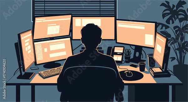 Fototapeta Silhouette of person at desk with multiple computer monitors, silhouette, person, man, woman, desk, table, computer, monitor, screen, multiple, workstation, office, dark, room, blinds, window, plant, 