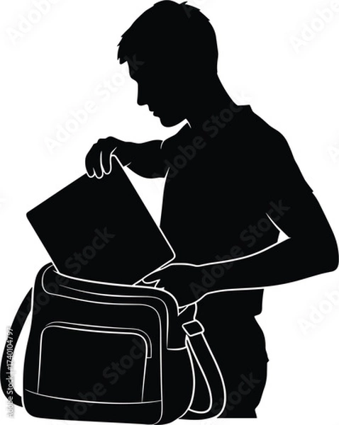 Fototapeta Silhouette of person putting laptop into bag student, silhouette, person, man, student, putting, laptop, computer, bag, backpack, messenger, shoulder, strap, opening, closing, packing, unpacking, prep