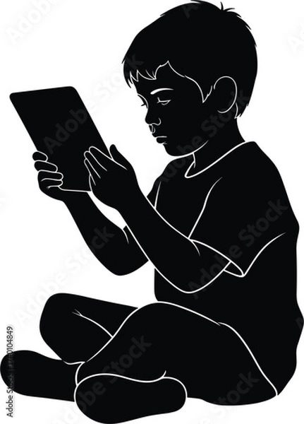 Fototapeta Silhouette of boy sitting and using tablet child, silhouette, boy, child, kid, sitting, cross-legged, holding, tablet, digital, device, screen, technology, learning, education, playing, entertainment,