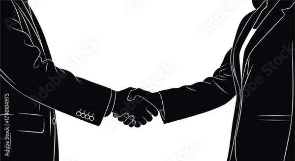 Fototapeta Silhouette of two businessmen shaking hands handshake, handshake, business, agreement, deal, partnership, success, meeting, collaboration, contract, negotiation, trust, greeting, introduction, corpora