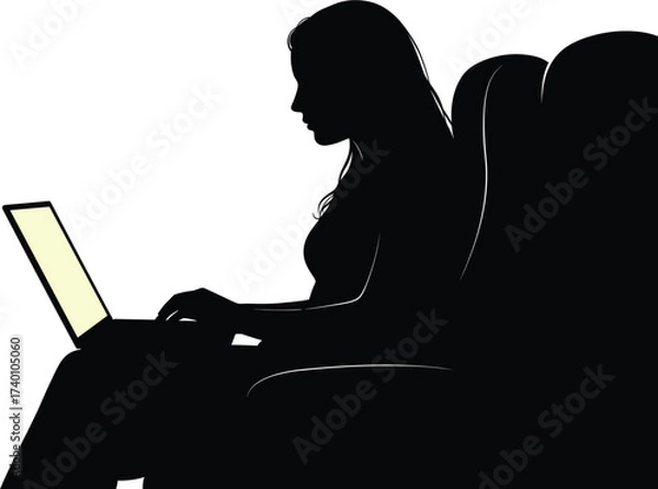 Fototapeta Silhouette of woman on sofa using laptop with yellow screen, silhouette, woman, sofa, couch, armchair, sitting, relaxing, using, laptop, computer, technology, internet, online, entertainment, work, st