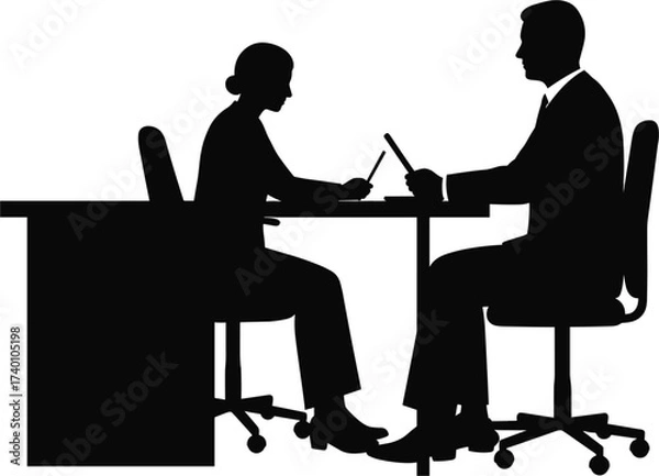 Fototapeta Silhouettes of man and woman at desk with laptops table, silhouette, man, woman, desk, table, office, meeting, interview, discussion, collaboration, business, work, technology, laptop, computer, writi