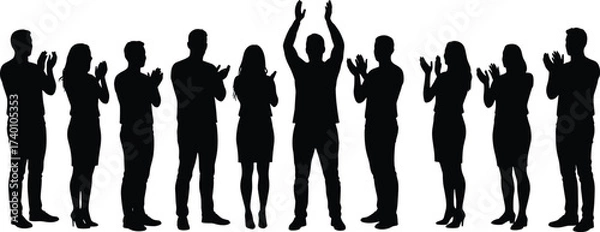 Fototapeta Silhouettes of people clapping and one person with raised arms, clapping, applause, audience, crowd, people, silhouette, standing, celebration, success, approval, agreement, praise, recognition, event