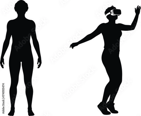 Fototapeta Silhouettes of two people one in VR headset virtual reality, virtual reality, vr, headset, goggles, technology, person, silhouette, black and white, isolated, white background, standing, active, motio