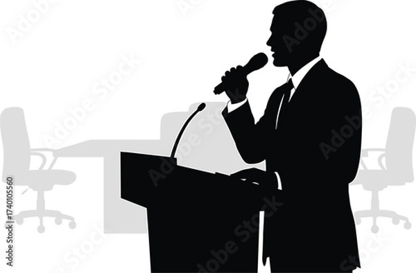 Fototapeta Speaker at podium with microphone in silhouette vector, speaker, podium, microphone, silhouette, man, suit, tie, speech, presentation, conference, lecture, public speaking, event, business, communicat
