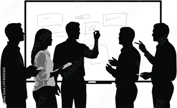 Fototapeta Team brainstorming session at a whiteboard with drawings, team, brainstorming, meeting, silhouette, whiteboard, drawings, sketches, ideas, collaboration, discussion, presentation, learning, teaching, 