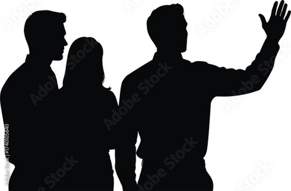 Fototapeta Three people silhouetted, one waving group, people, silhouette, group, three, waving, hand, greeting, man, woman, standing, together, isolated, white background, communication, interaction, welcome