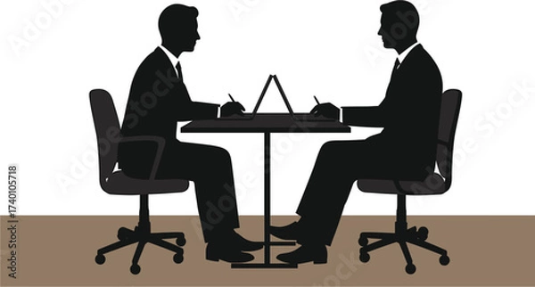 Fototapeta Two businessmen silhouettes in meeting with laptops, businessmen, silhouettes, meeting, table, laptops, computers, chairs, office, business, discussion, collaboration, teamwork, technology, profession
