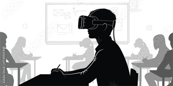 Fototapeta Student wearing virtual reality glasses for an immersive educational experience in a modern classroom. Illustration of digital learning and future technology, student, virtual, reality, education, tec