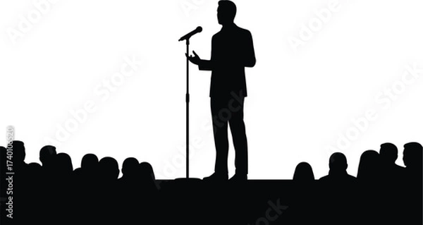 Fototapeta Silhouette of speaker at microphone with audience speech, speaker, speech, presentation, microphone, stage, audience, crowd, silhouette, black and white, isolated, white background, standing, talking,