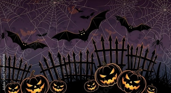 Fototapeta Spooky Halloween Scene: Bats, Pumpkins, Spiders, and Webs.