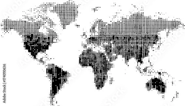 Obraz Abstract world map created with small black dots on a white transparent background. World map, dotted style, flat design illustration, modern, isolated on white background. 