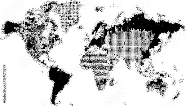 Obraz Abstract world map created with small black dots on a white transparent background. World map, dotted style, flat design illustration, modern, isolated on white background. 