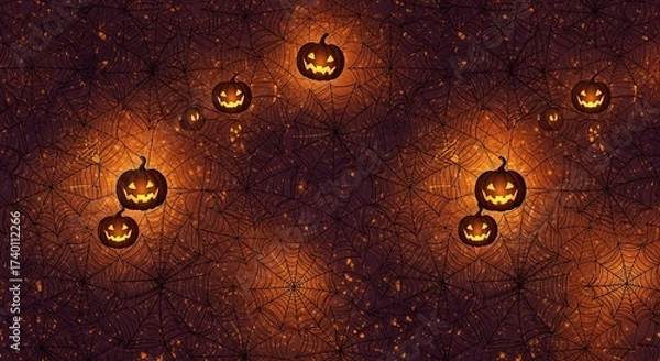 Fototapeta Spooky Halloween Scene with Glowing Jack-o'-Lanterns and Spiderwebs on Orange Background