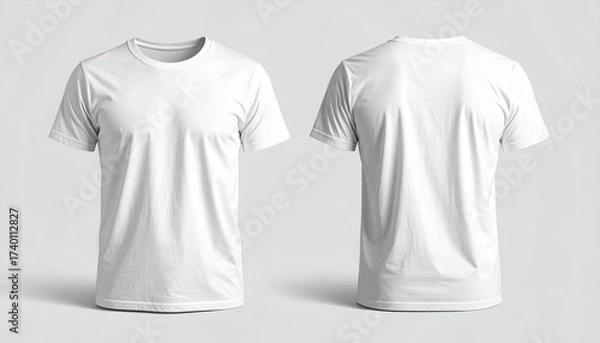 Obraz Plain white T-shirt shown from front and back views on light gray background—classic, minimal, and ready for customization.