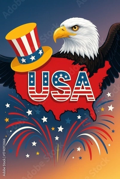 Fototapeta Patriotic USA Illustration with Bald Eagle, American Flag, United States Map and Uncle Sam Hat in Red White Blue Colors Symbolizing Freedom and Democracy Generative AI