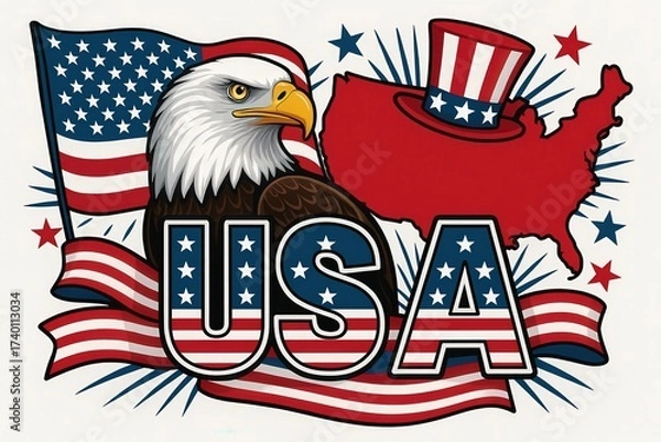 Fototapeta American Pride Design Featuring Bald Eagle, Flag of USA, Map and Patriotic Symbols for Independence, Freedom and National Heritage Celebration Generative AI