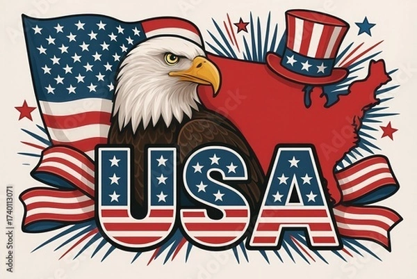 Fototapeta Patriotic USA Illustration with Bald Eagle, American Flag, United States Map and Uncle Sam Hat in Red White Blue Colors Symbolizing Freedom and Democracy Generative AI