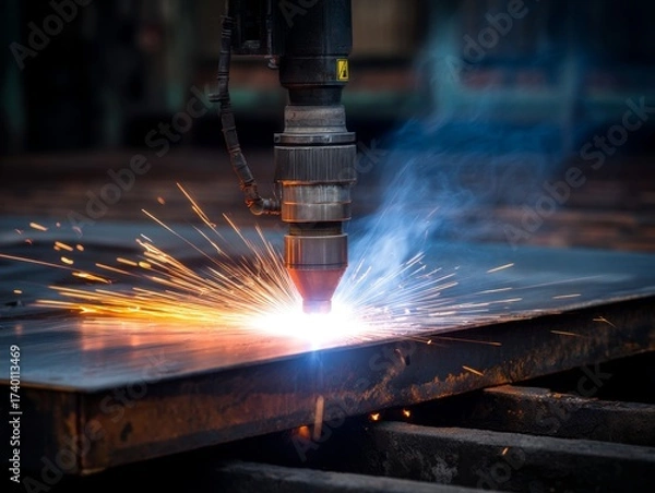 Fototapeta Industrial concept, Laser cutting metal with sparks in industrial manufacturing machine.
