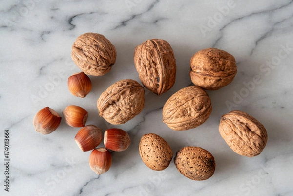 Fototapeta Close-up of almonds, walnuts and hazelnuts with their shells on white marble