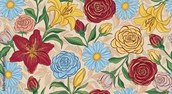 Obraz Vibrant floral pattern with blooming lilies, roses, and daisies in cheerful colors