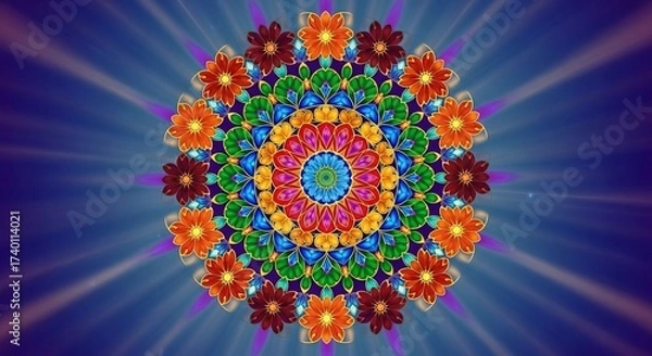 Fototapeta Vibrant, colorful floral mandala pattern radiating energy on a glowing blue background.