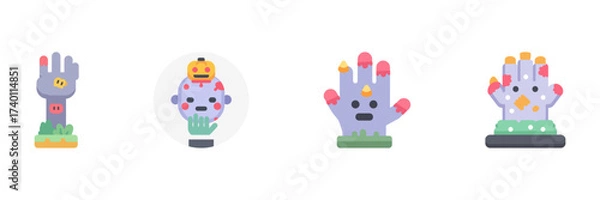 Fototapeta Zombie Hands And Creepy Monster Creatures Icon Set. Spooky Halloween Limbs With Faces And Wounds. Isolated Vector Illustration