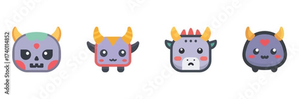 Fototapeta Cute Horned Monsters Icon Set. Adorable Fantasy Demons With Cartoon Expressions. Isolated Vector Illustration