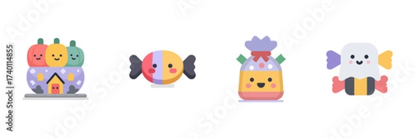 Fototapeta Halloween Candy And Pumpkin House Icon Set. Smiling Characters With Cute Faces And Bright Wrappers. Isolated Vector Illustration