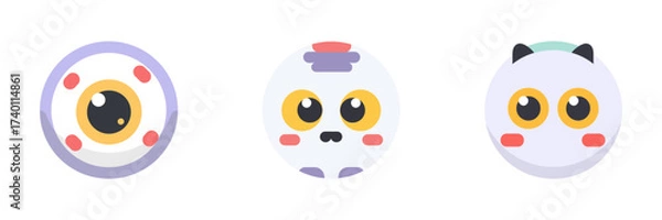 Fototapeta Round Halloween Monster Faces With Big Eyes Icon Set. Cute Eyeballs And Expressions. Isolated Vector Illustration