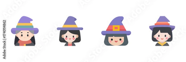 Fototapeta Cute Witch Girls Wearing Colorful Hats Icon Set. Happy Characters With Blush Cheeks For Halloween. Isolated Vector Illustration