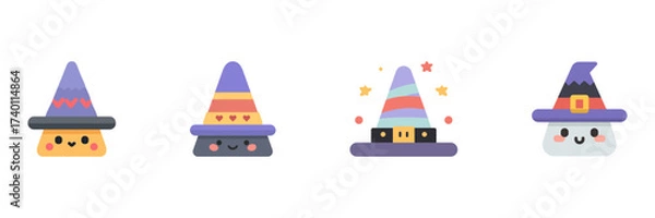Fototapeta Smiling Witch Hats With Cartoon Faces Icon Set. Fun And Friendly Halloween Accessories. Isolated Vector Illustration