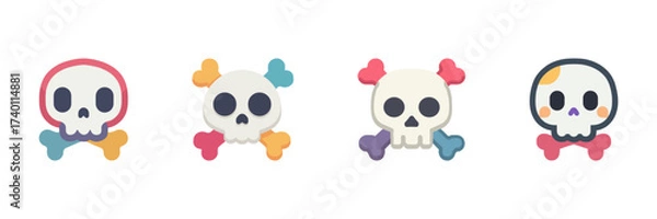 Fototapeta Colorful Cartoon Skull And Crossbones Halloween Icon Set, Spooky Skeleton Heads With Bright Bones Isolated On Transparent Background