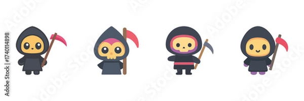 Fototapeta Grim Reaper Halloween Icon Set, Cartoon Death Figures With Scythes And Dark Robes Isolated On Transparent Background