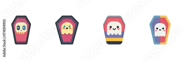 Fototapeta Coffin And Skull Halloween Icon Set, Cute Cartoon Ghosts And Skeleton Faces In Colorful Coffins Isolated On Transparent Background