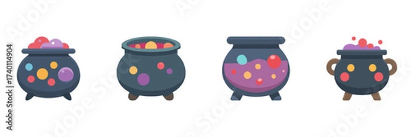 Fototapeta Magic Cauldron With Potion Halloween Icon Set, Cartoon Witch Brew With Bubbles And Toxic Elixirs Isolated On Transparent Background
